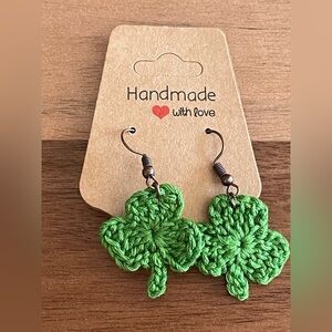 Handmade Crochet Green Shamrock Earrings, Lightweight, Cotton Thread